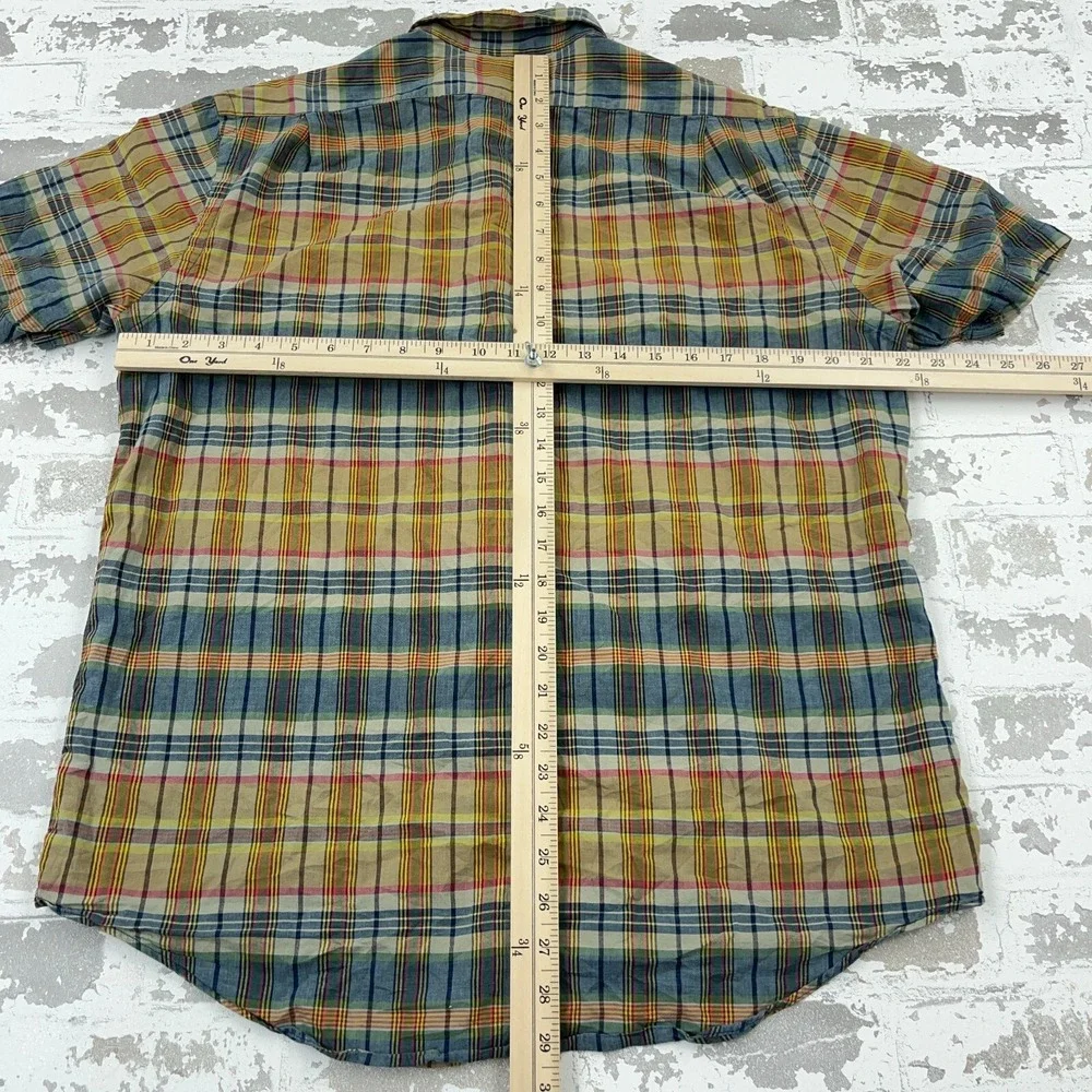 Polo Ralph Lauren‎ Shirt Men Large Green Blue Madras Plaid Button Up Epaulettes